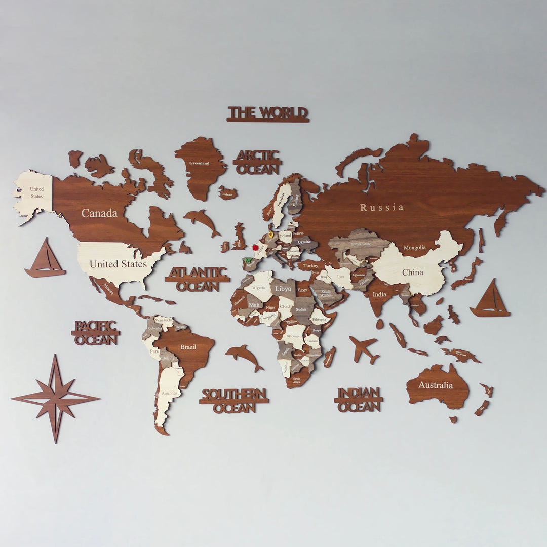 3D Ahşap Dünya Haritası Çok Katmanlı - Türkçe Ülke İsimli