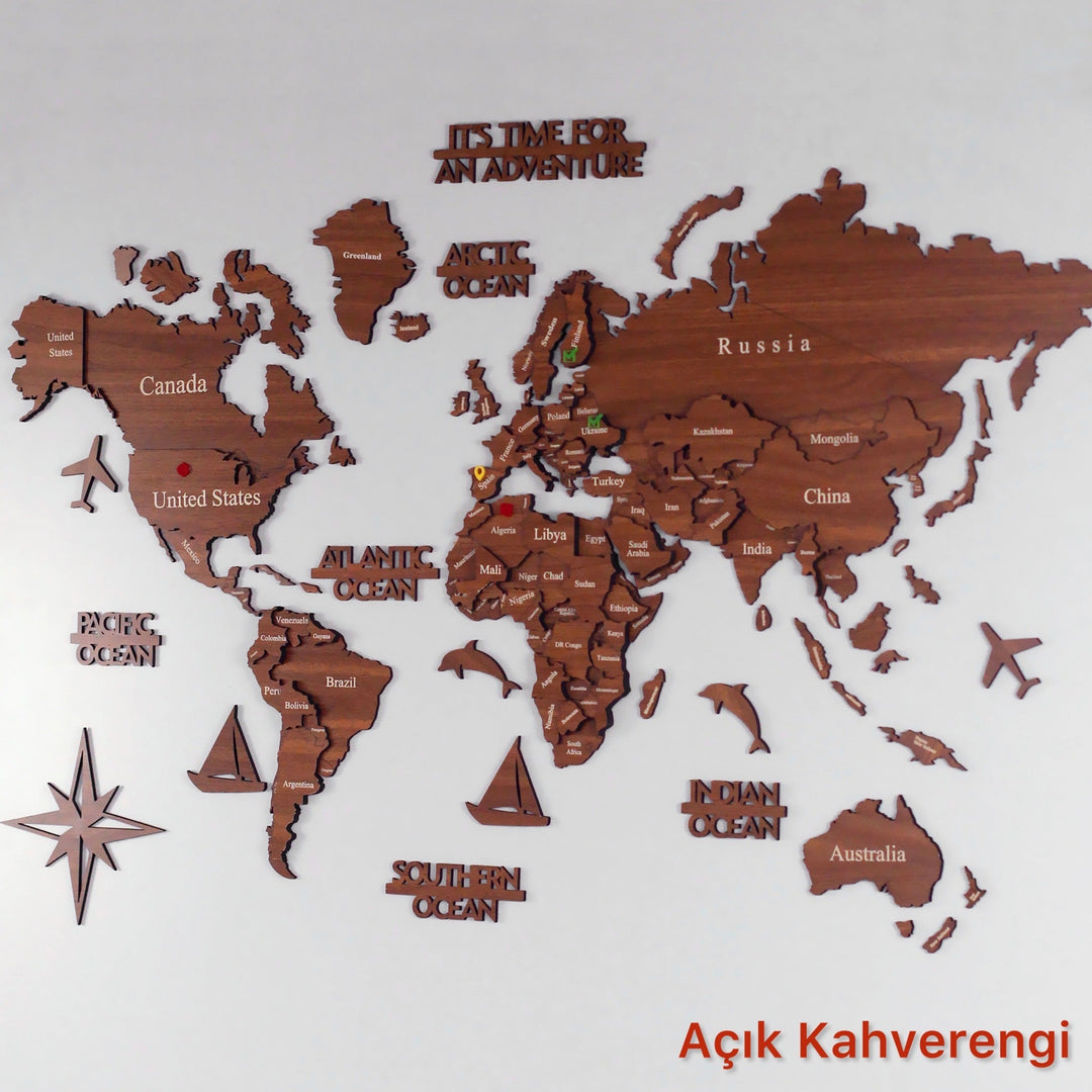 3D Ahşap Dünya Haritası Çok Katmanlı - Türkçe Ülke İsimli