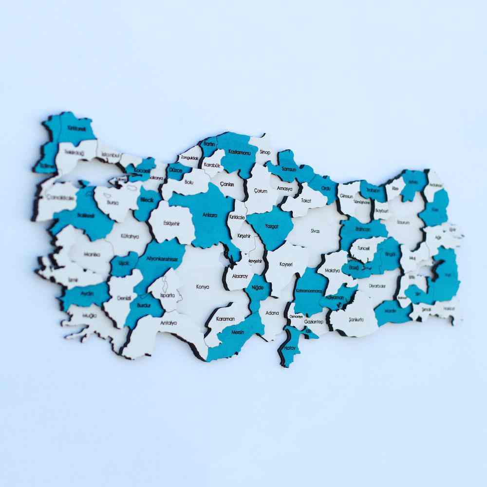 3D Ahşap Türkiye Haritası Çok Katmanlı - Metalik Turkuaz (El Boyaması) Renk ürününün kopyası - ColorfullWorlds