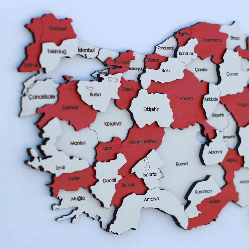 3D Ahşap Türkiye Haritası Çok Katmanlı - Kırmızı Beyaz Renkli - ColorfullWorlds
