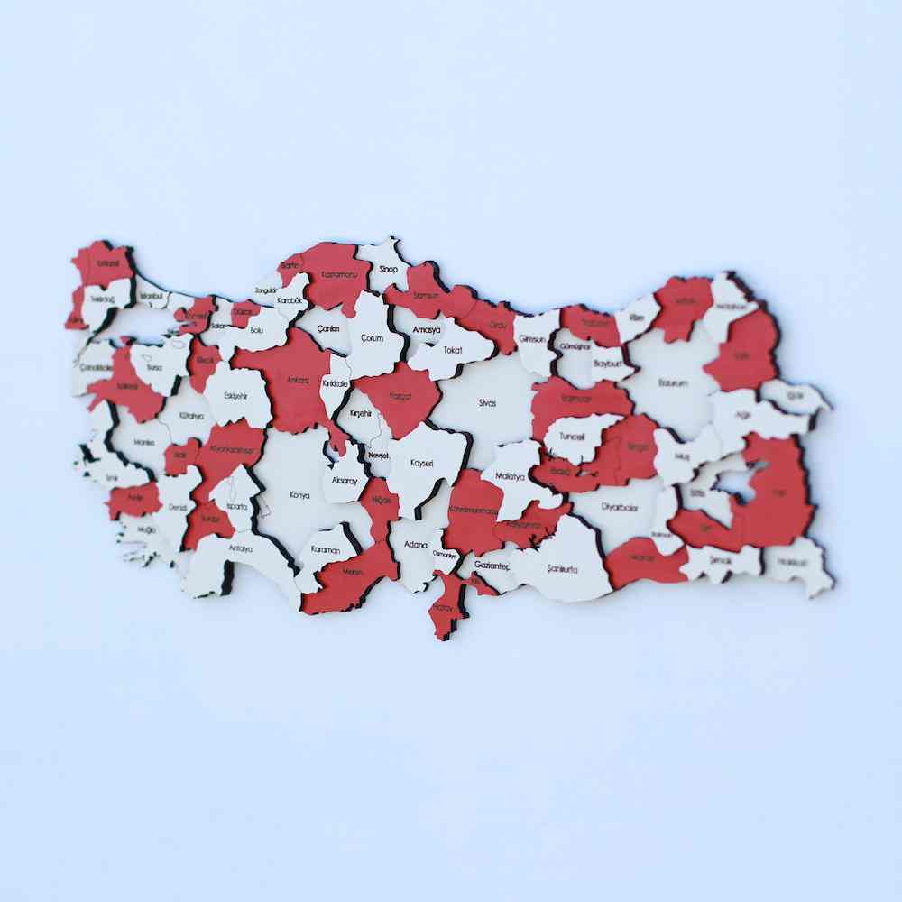 3D Ahşap Türkiye Haritası Çok Katmanlı - Kırmızı Beyaz Renkli - ColorfullWorlds