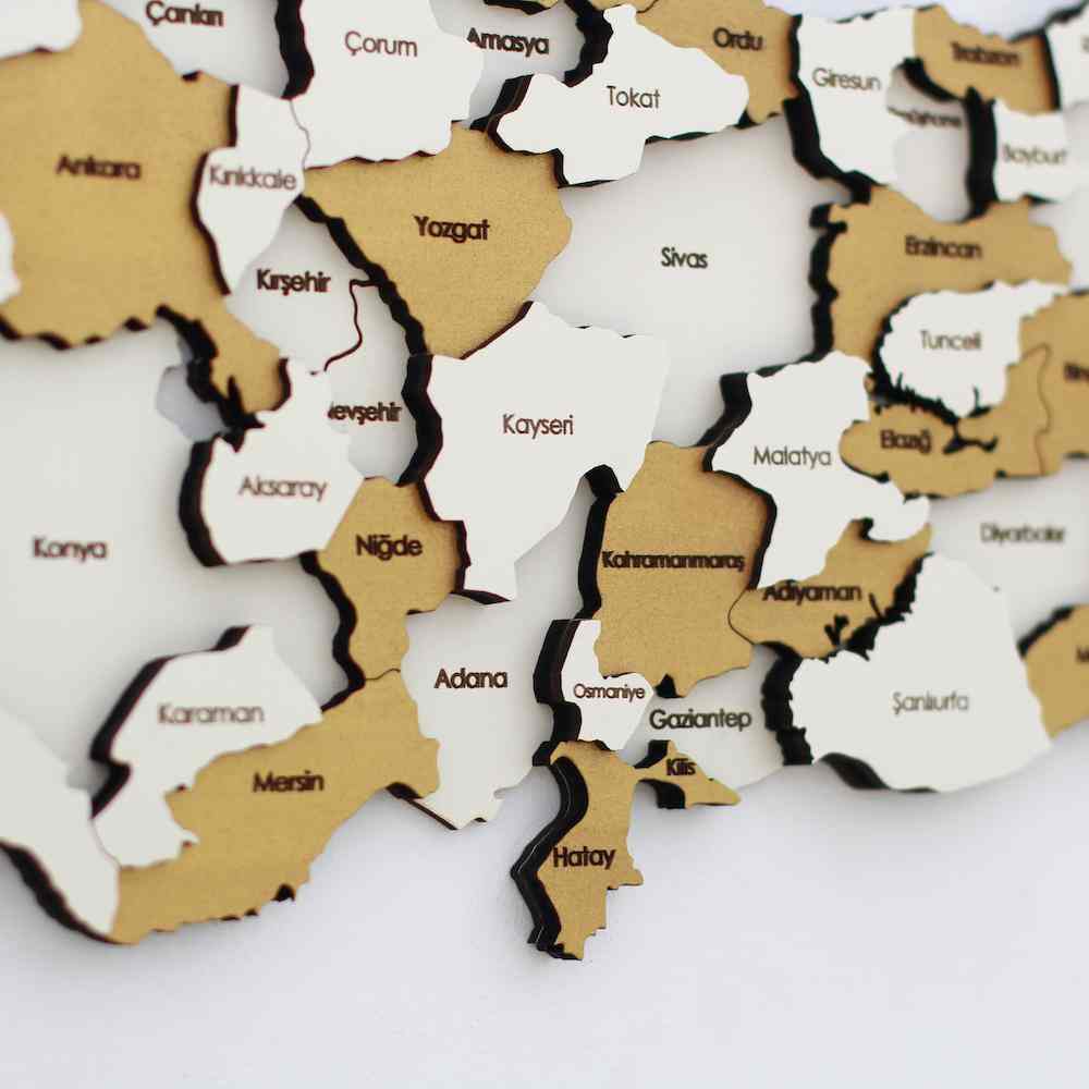 3D Ahşap Türkiye Haritası Çok Katmanlı - Sarı (El Boyaması) Krem Tonlar - ColorfullWorlds