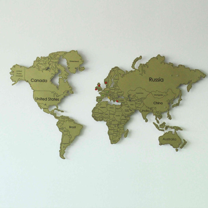 UV Baskılı Metal Dünya Haritası | Renk - Altın - ColorfullWorlds