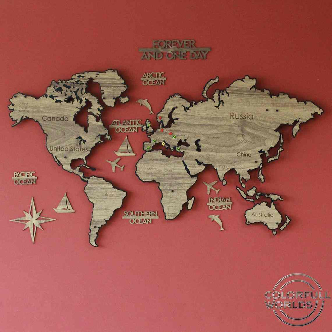 Metal & 2D Ahşap Dünya Haritası (Tek Katmanlı) | Renk - İris - ColorfullWorlds