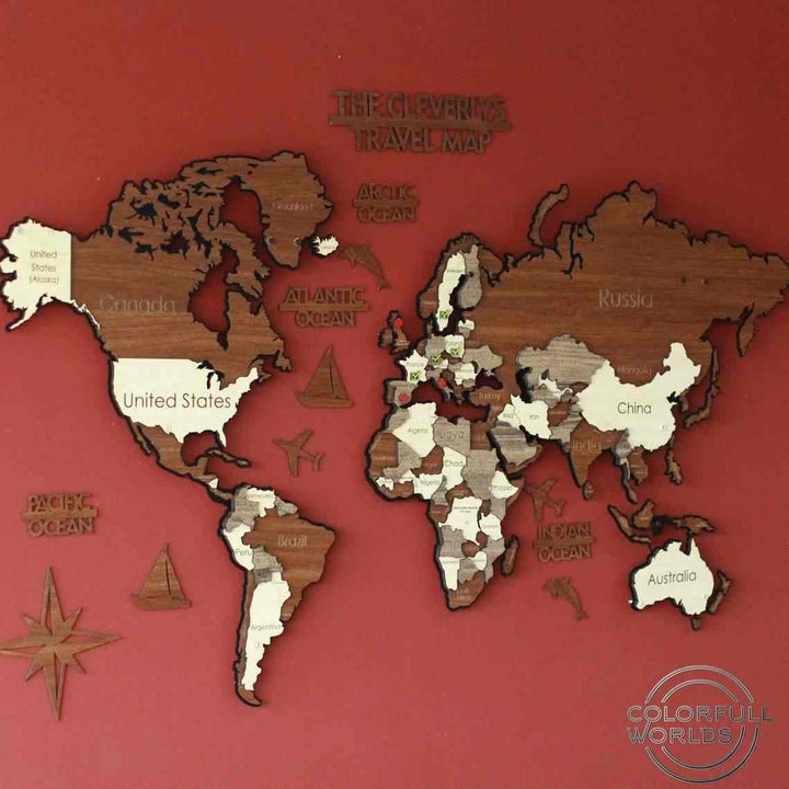 Metal & 3D Ahşap Dünya Haritası | Çok Katmanlı - Çok Renkli - ColorfullWorlds