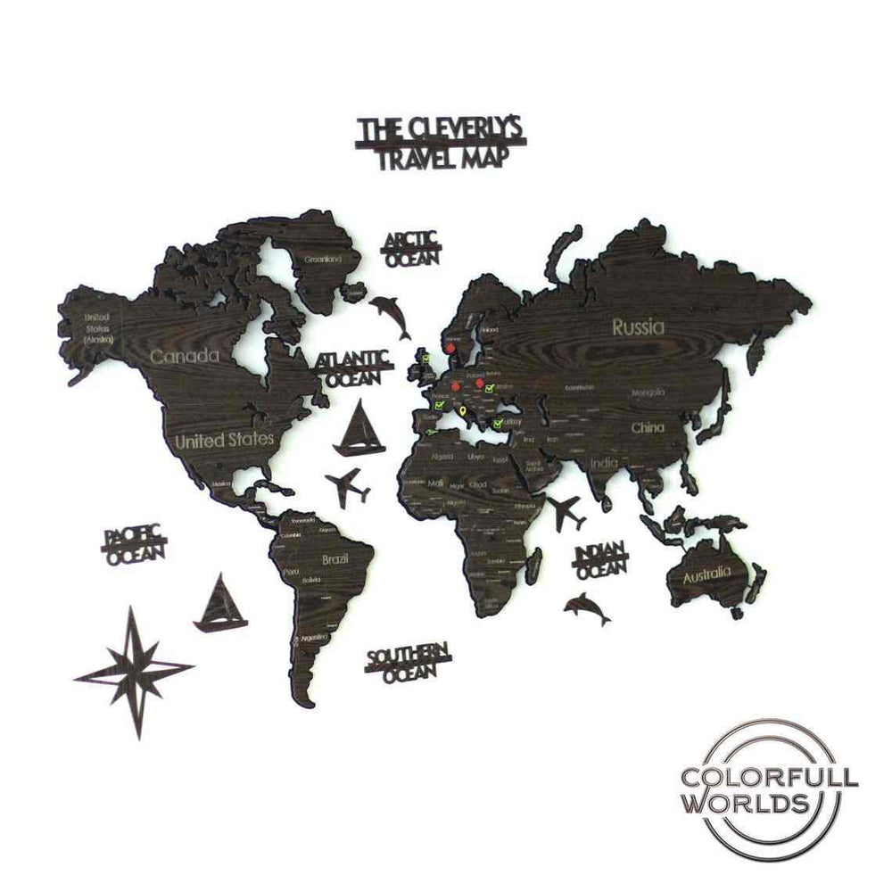 Metal & 2D Ahşap Dünya Haritası (Tek Katmanlı) | Renk - Koyu Kahverengi - ColorfullWorlds