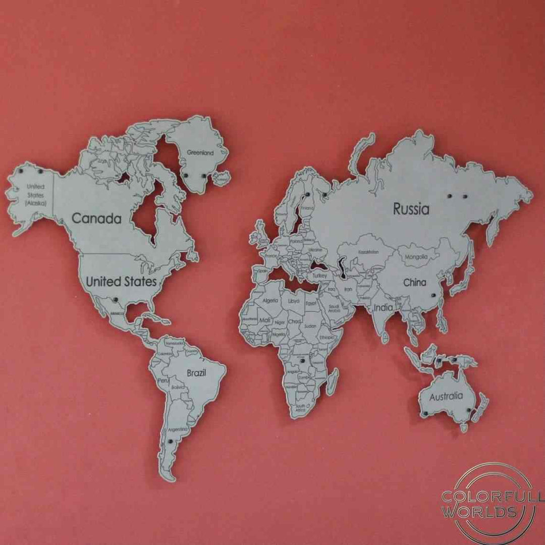 UV Baskılı Metal Dünya Haritası | Renk - Gümüş - ColorfullWorlds