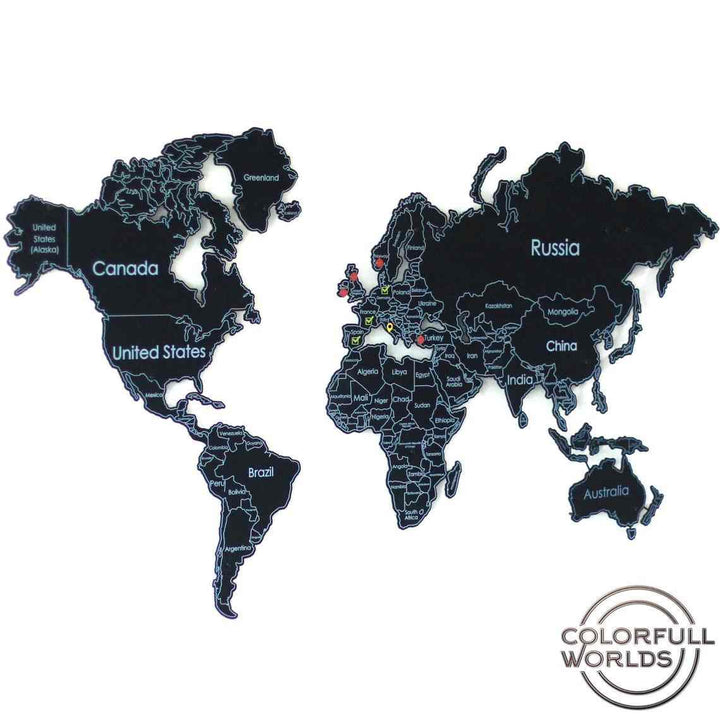 UV Baskılı Metal Dünya Haritası | Renk - Siyah - ColorfullWorlds