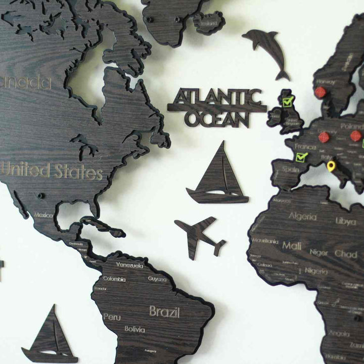 Metal & 2D Ahşap Dünya Haritası (Tek Katmanlı) | Renk - Koyu Kahverengi - ColorfullWorlds