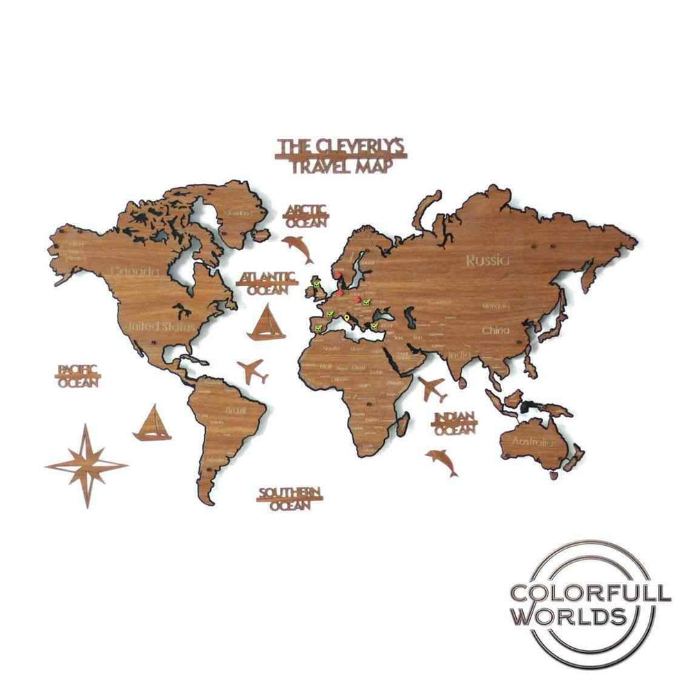 Metal & 2D Ahşap Dünya Haritası (Tek Katmanlı) | Renk - Açık Kahverengi - ColorfullWorlds