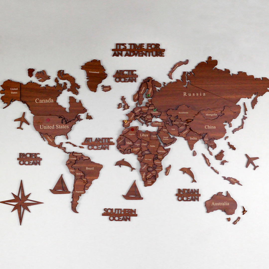 3 Boyutlu Ahşap Dünya Haritası Çok Katmanlı - Ceviz