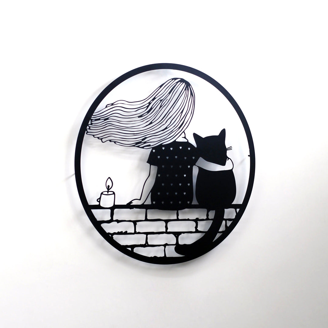Kız ve Kedi Metal Duvar Dekoru