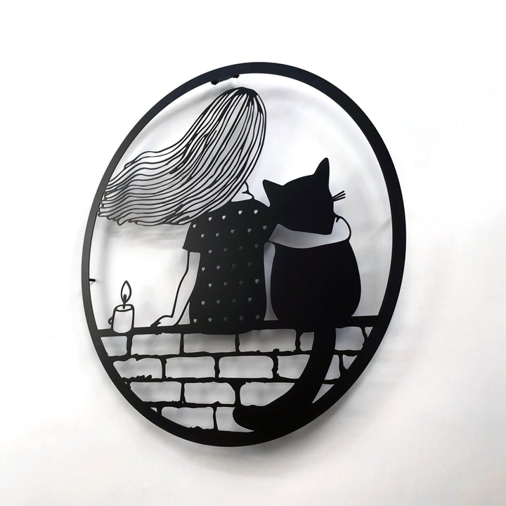 Kız ve Kedi Dekoratif Metal Duvar Tablosu - Metal Dekor